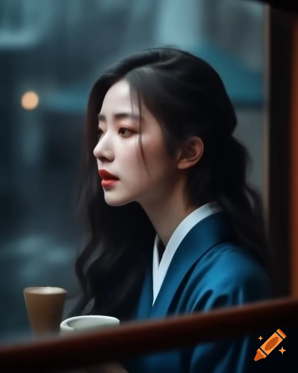 Asian woman gazing out cafe window in deep blue coat as rain falls