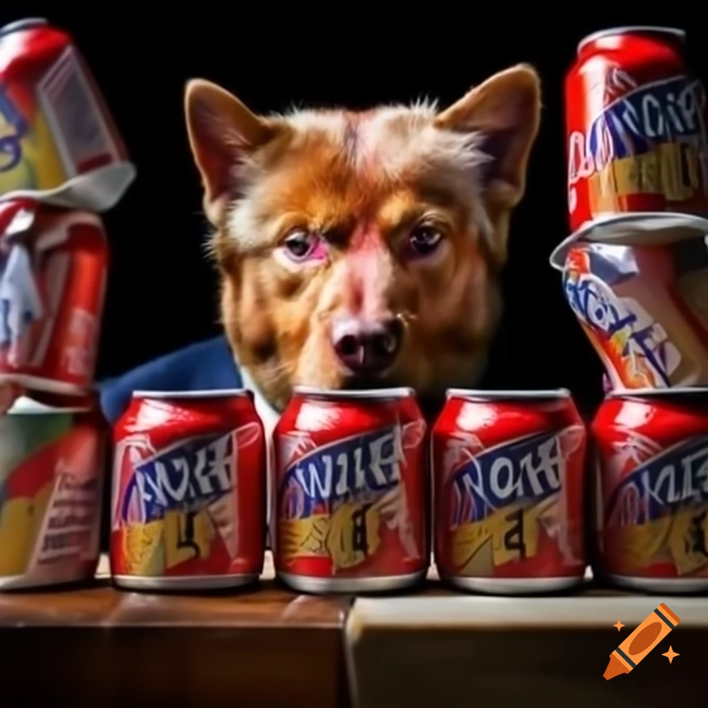 Cans of dog food featuring Donald Trump's face in an advertising scene
