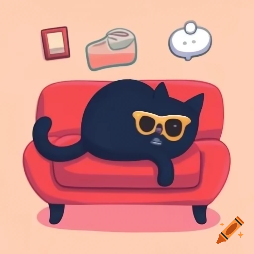 Cartoon of black cat wearing sunglasses on a couch