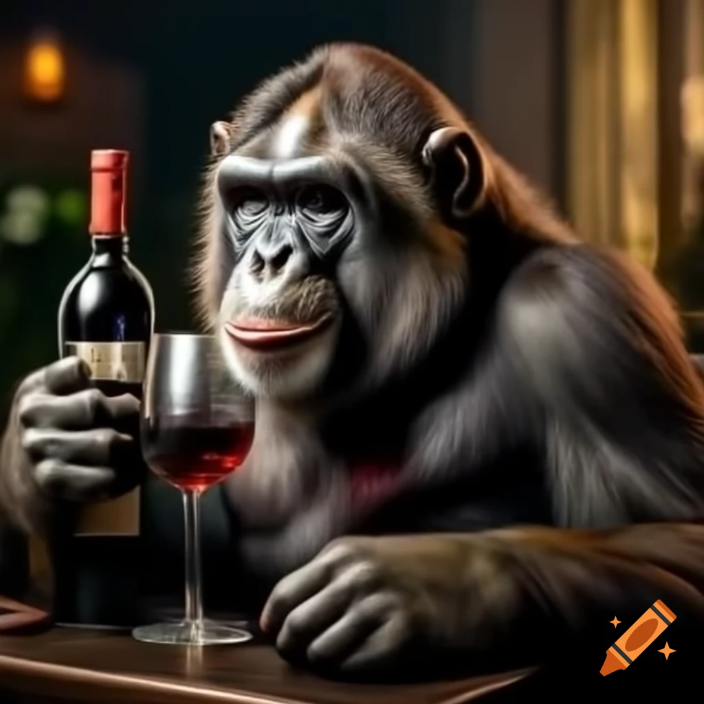 Ape holding a bottle of wine