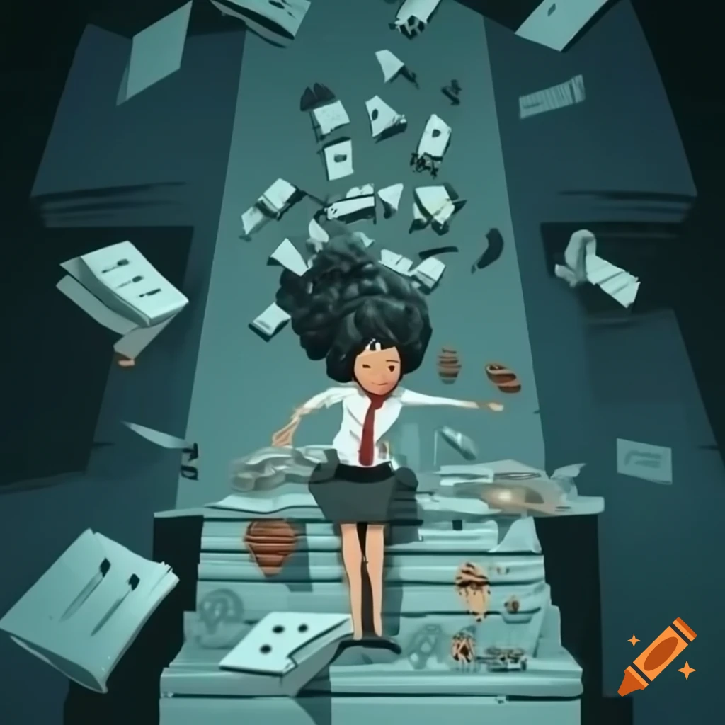 Surreal illustration of fragmented girl on crumbling path of accounting books with melting calculators