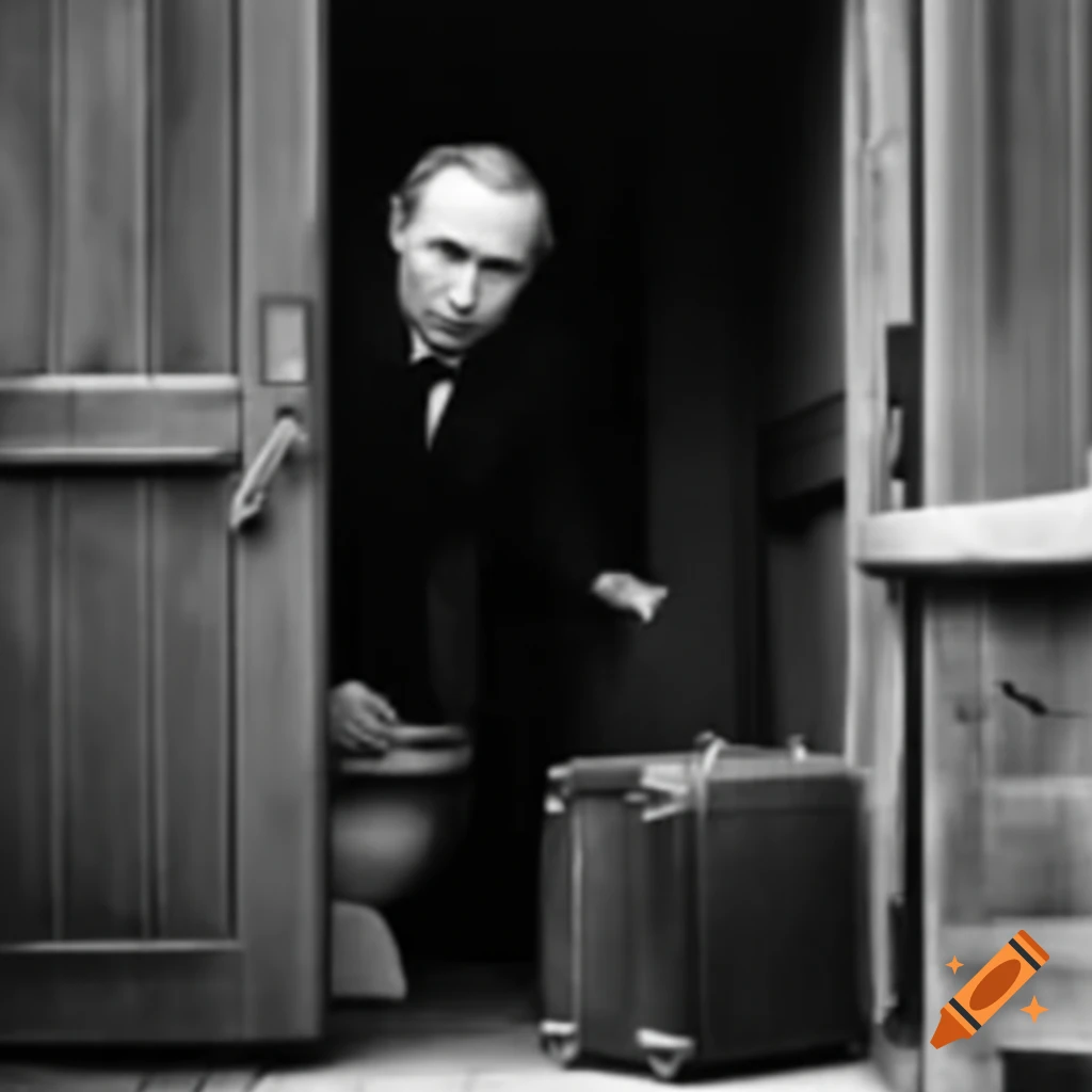 Vladimir Putin standing with suitcase at wooden outdoor toilet