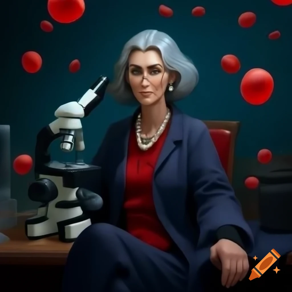 Woman pathologist in laboratory coat examining microscope with serious expression