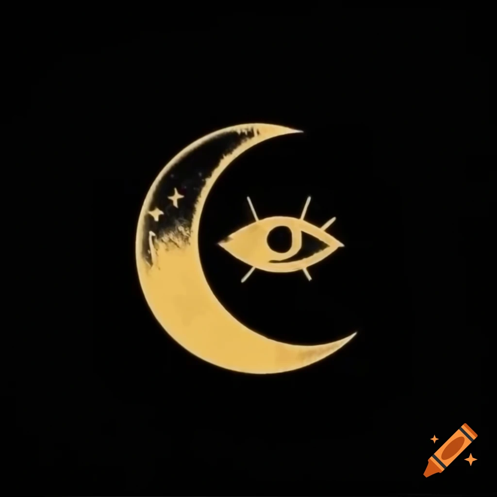 Crescent moon with eye symbol in gold on black background