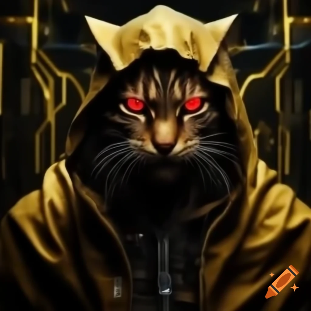 Cybernetic feline creature with gold circuitry and red eyes in neon alley