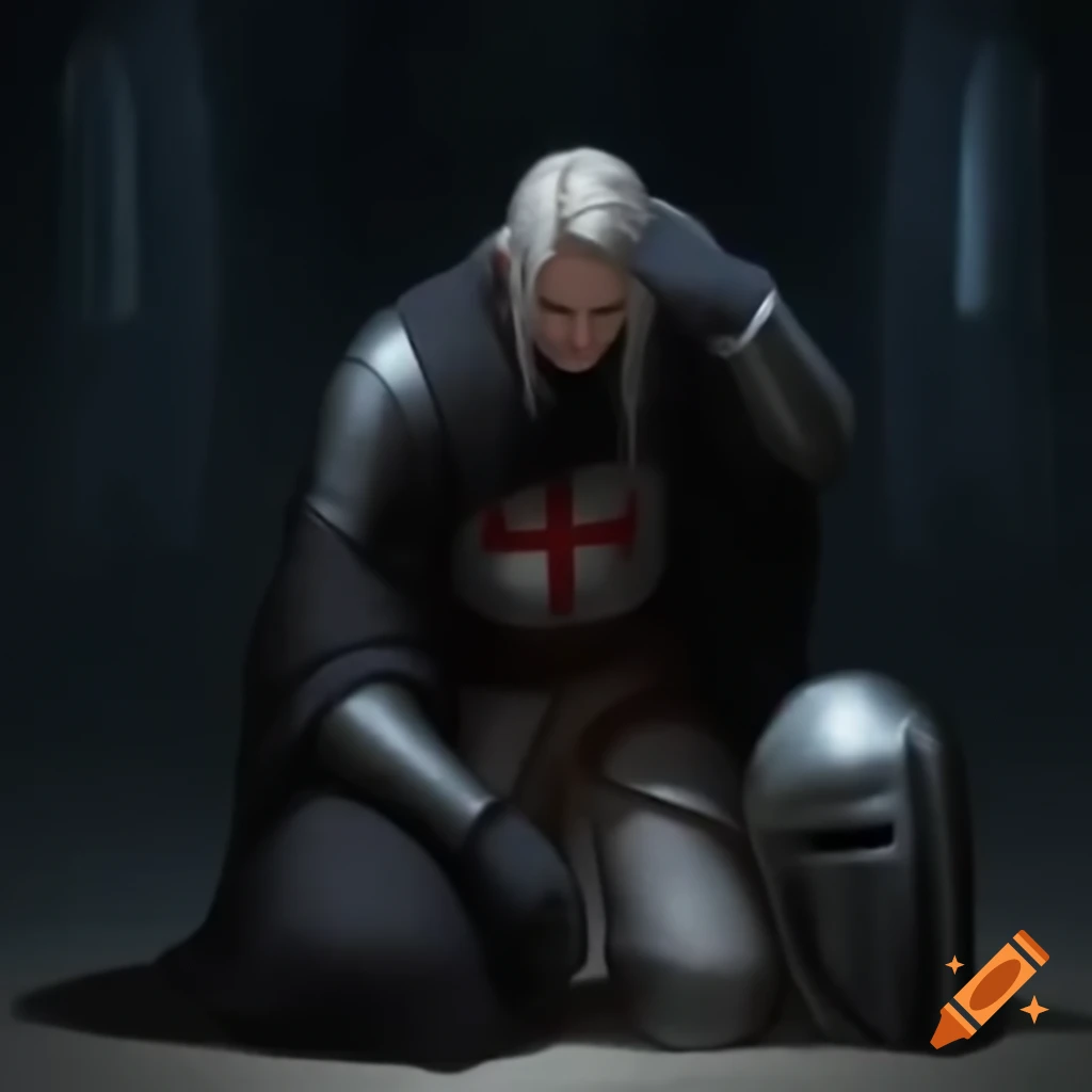 Templar knight kneeling in dark room illuminated by moonlight