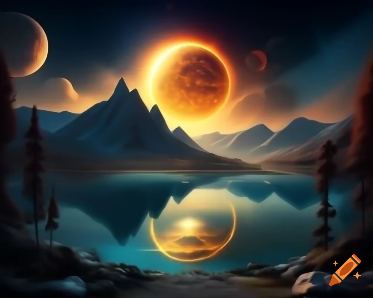 Sunset over mountain lake in photorealistic 3D render with beaming light