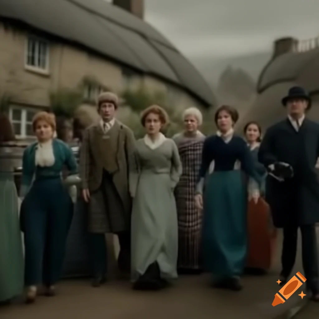 Group of scared people in a cottage from the 1800s