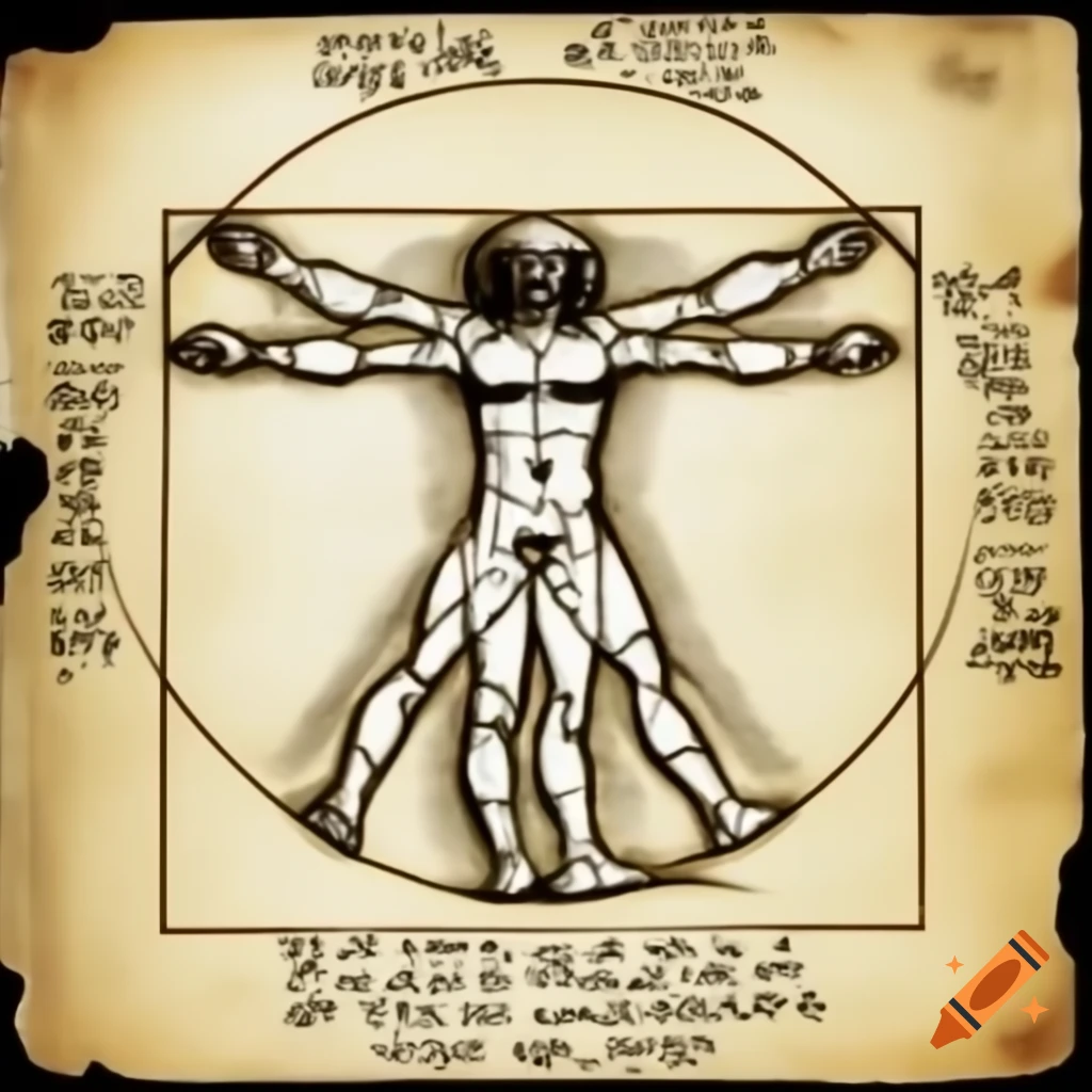 Monochrome ink drawing of Vitruvian BadgerMan, hybrid creatures with outstretched limbs