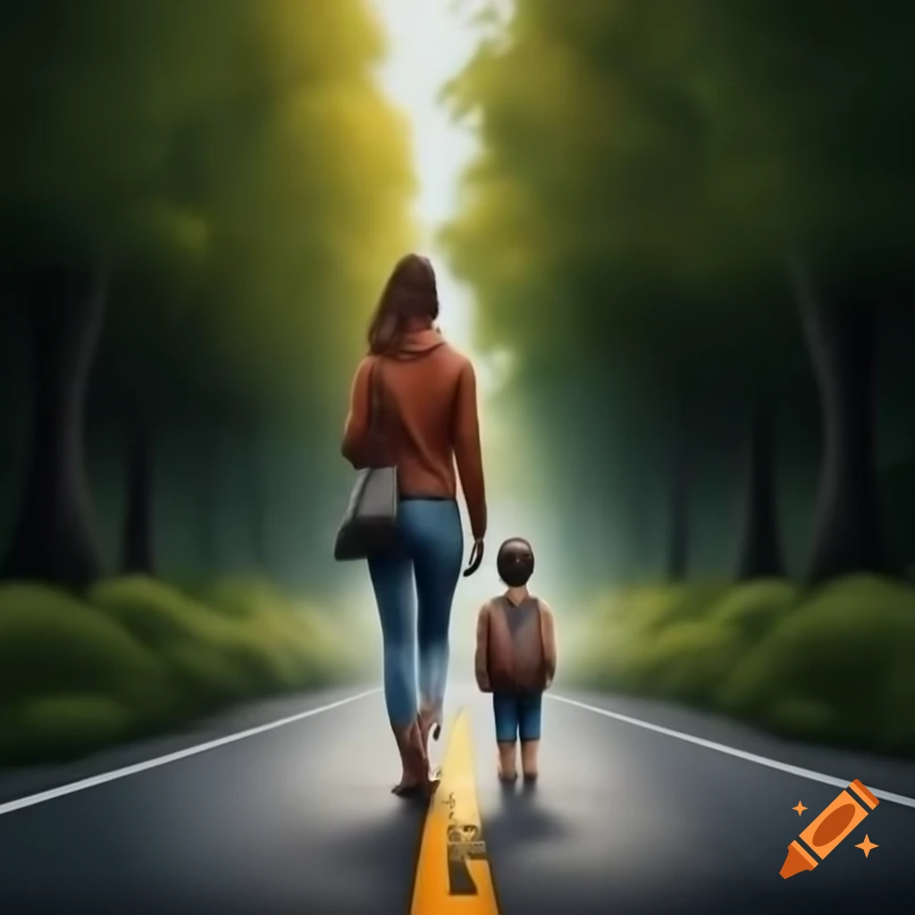 Woman and boy walking on tree-lined road in ultra realistic 4K HD