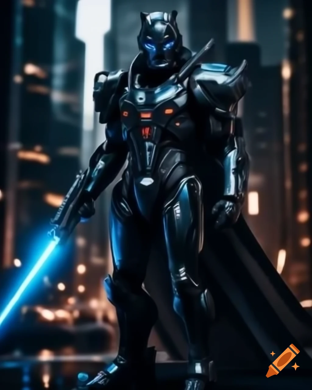 Warrior in black and cobalt armor stands against shimmering cityscape with cybernetic enhancements