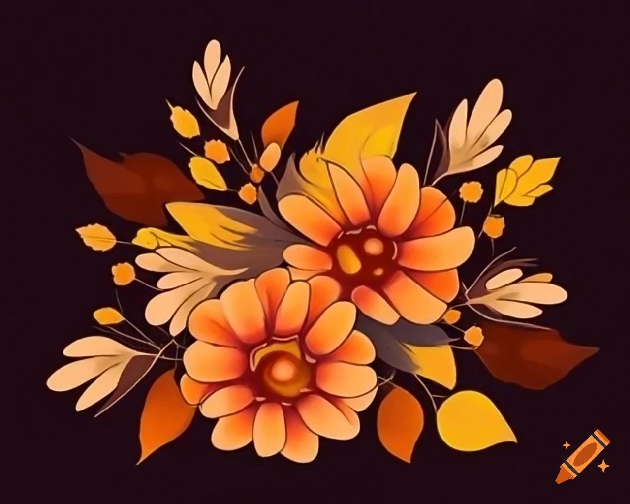 Colorful autumn flowers in watercolor shades of amber, orange, and gold