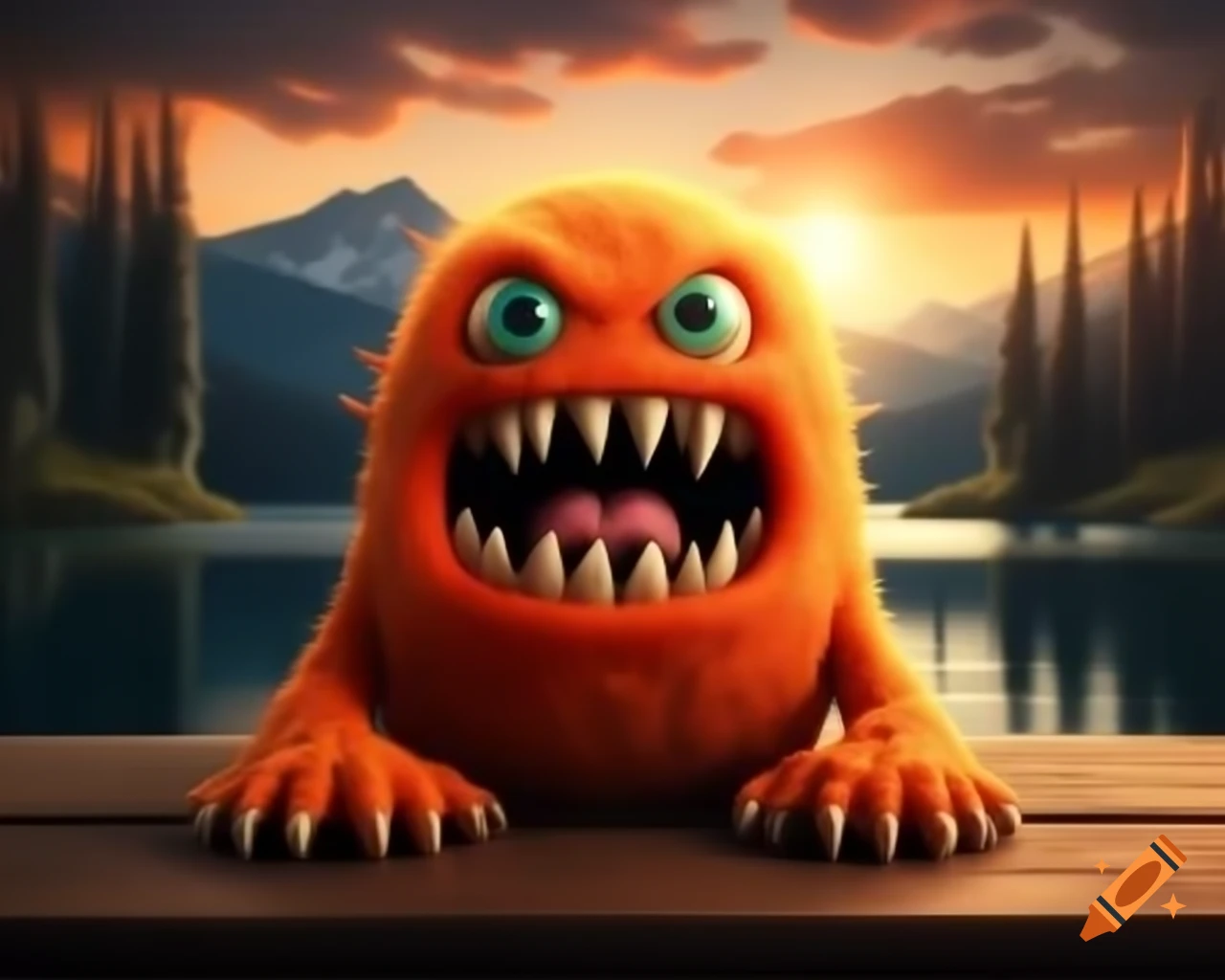 Photorealistic orange monster with human face sitting on wooden table in forest