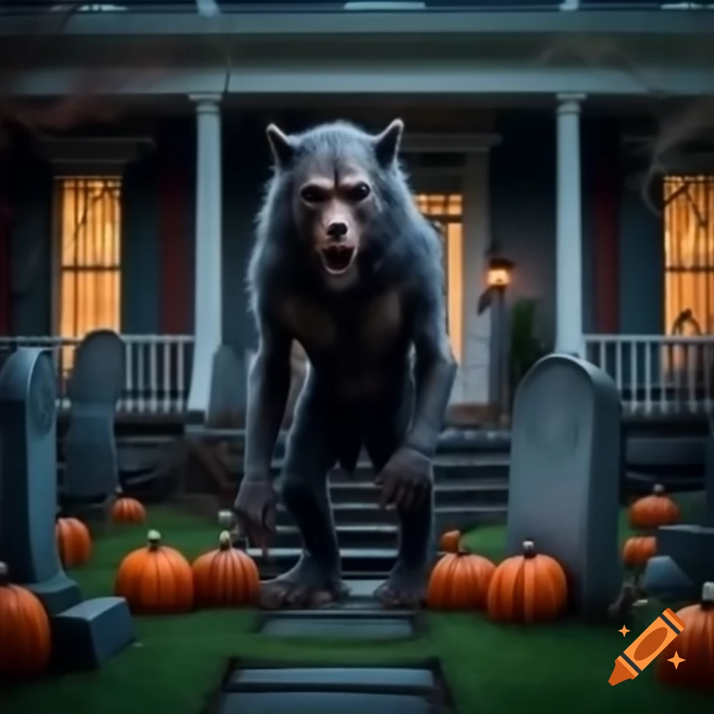 Halloween scene on porch with werewolf and tombstones, eerie lighting