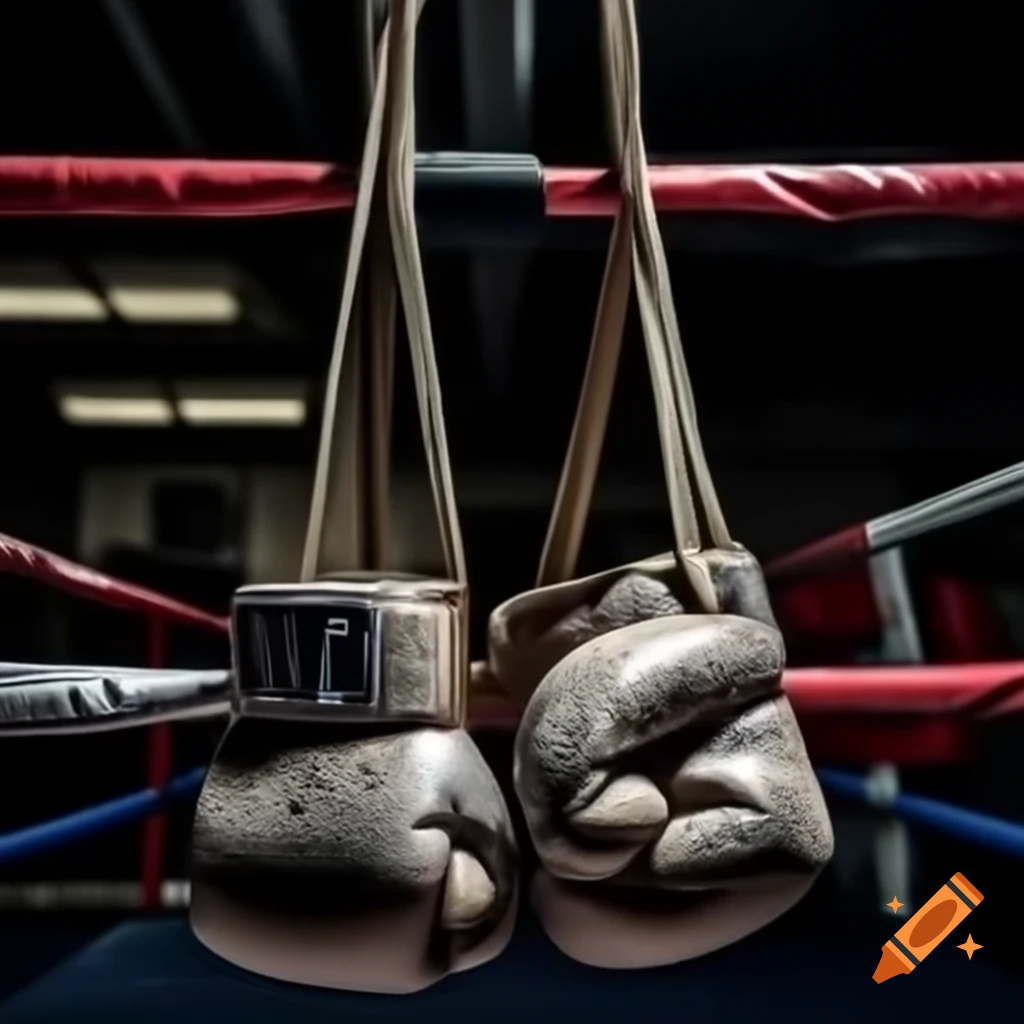 Dusty boxing gloves hanging in dimly lit gym