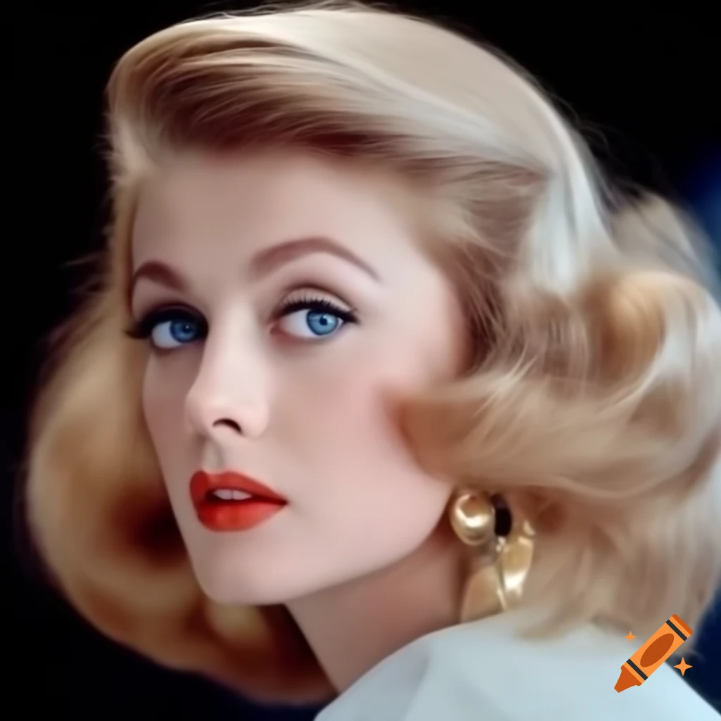 Hyper-realistic photograph of a beautiful European actress from 1963 with porcelain skin and striking blue eyes