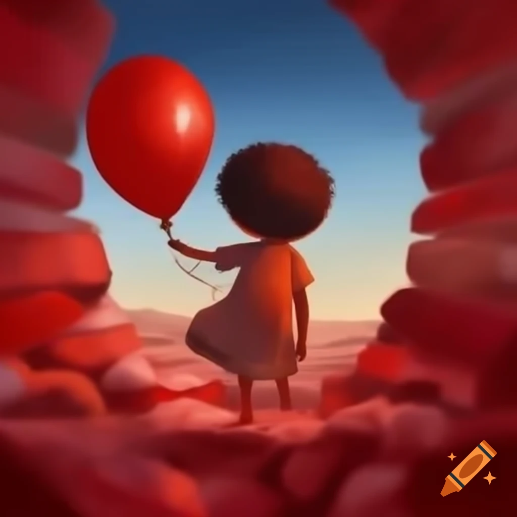 Child flying tied to a red balloon