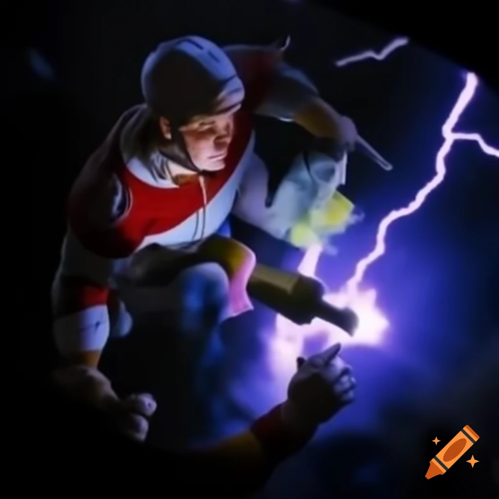 Two wizards battling with lightning spells in high-definition wide-angle