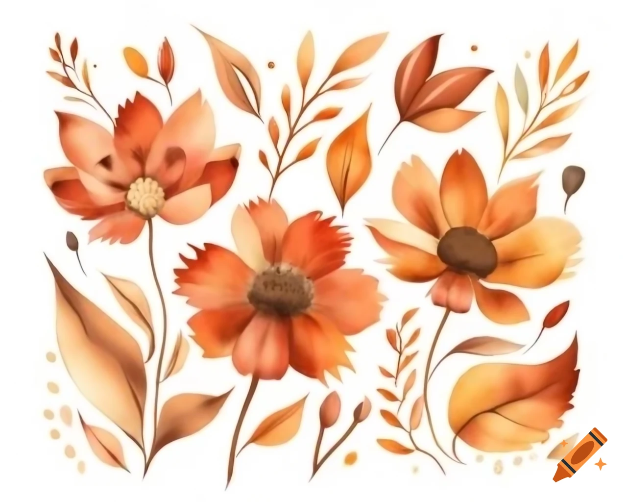 Colorful autumn flowers in watercolor shades of orange, gold, and bronze