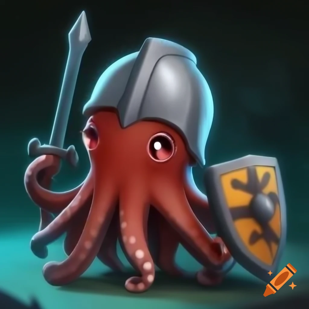 Cute octopus in knight armor holding a shield