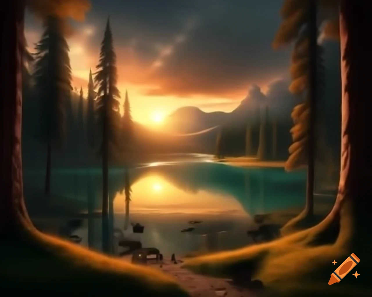 Surreal fantasy scene with orange monster in forest by lake at sunset