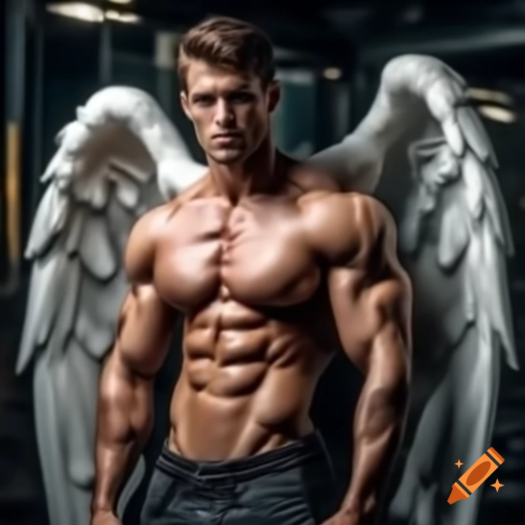 Muscular male angel in a striking pose