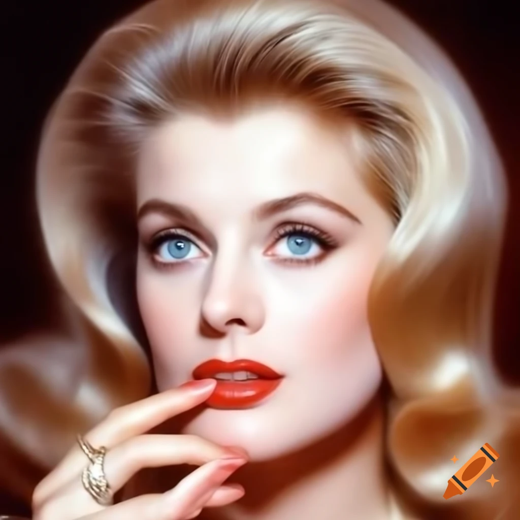 Hyper-realistic photograph of a European actress from 1963 with porcelain skin and blue eyes