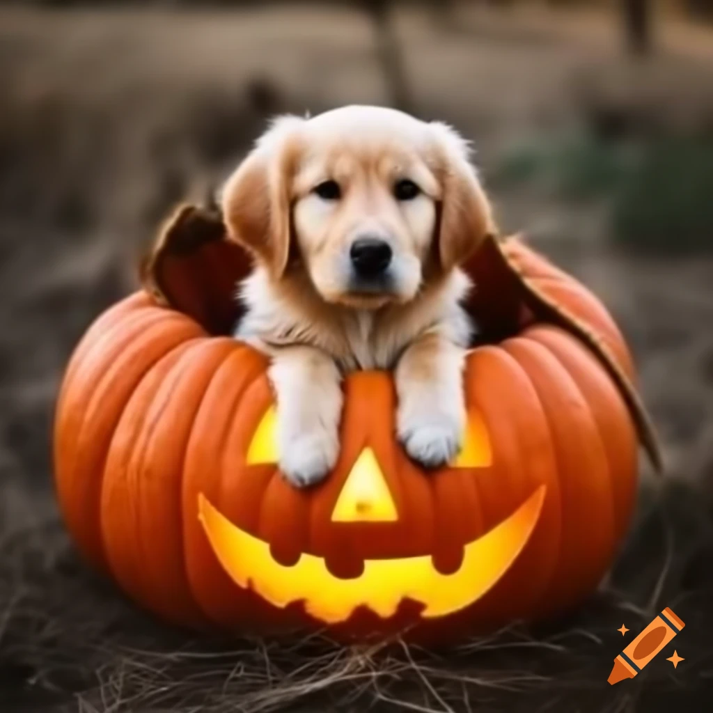 Golden retriever sitting inside a pumpkin