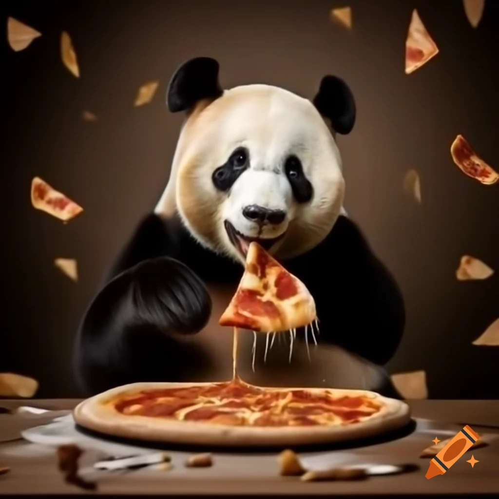 Photo realistic panda eating pizza with empty boxes around, cheese on fur