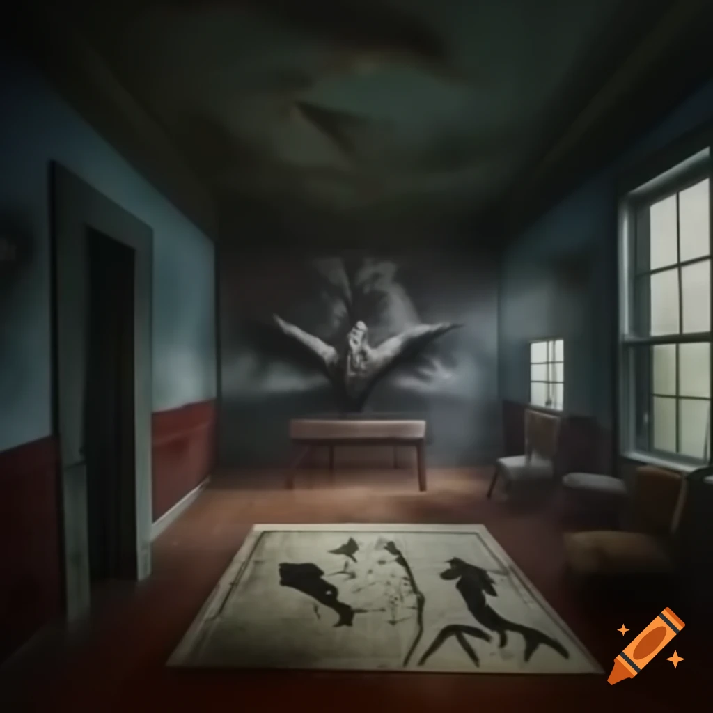 Scary house room with demonic drawings on walls