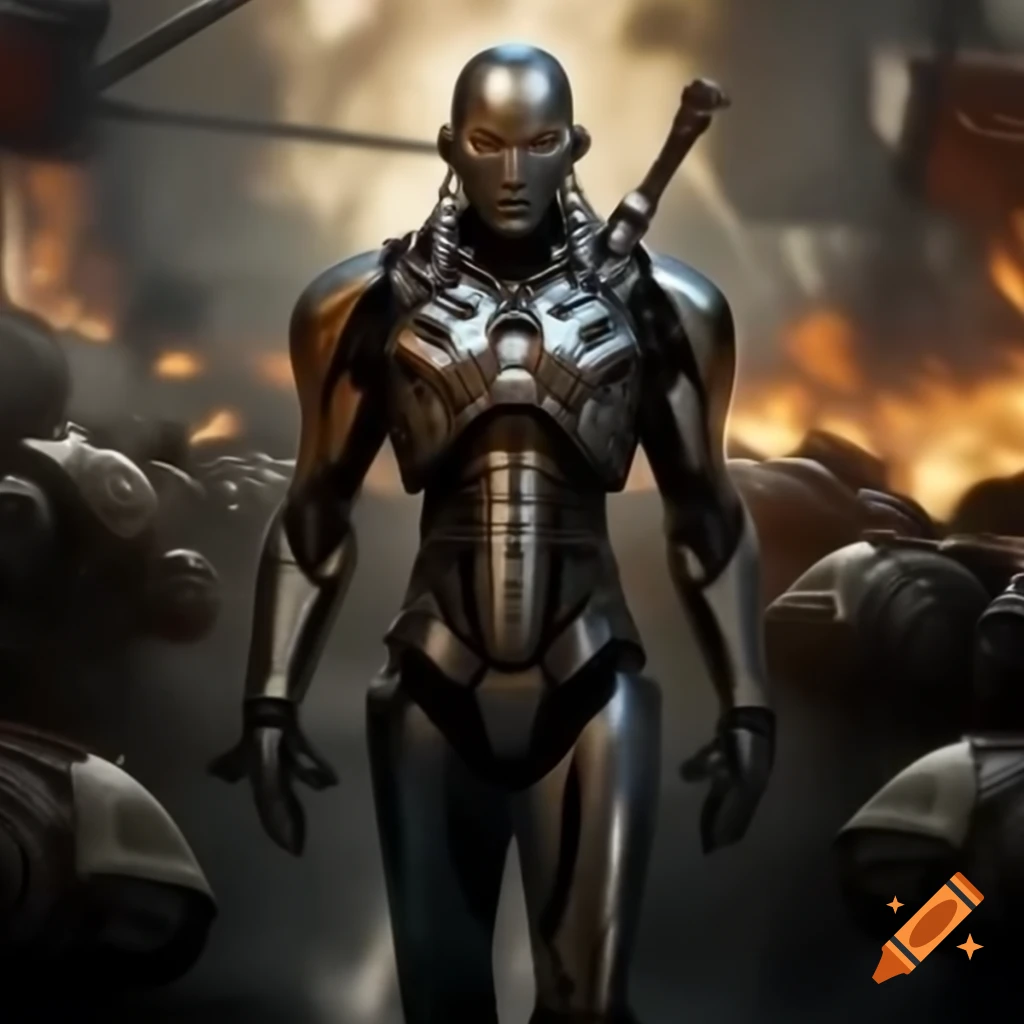 Cyborg warrior in chrome armor amidst ravaged battlefield chaos