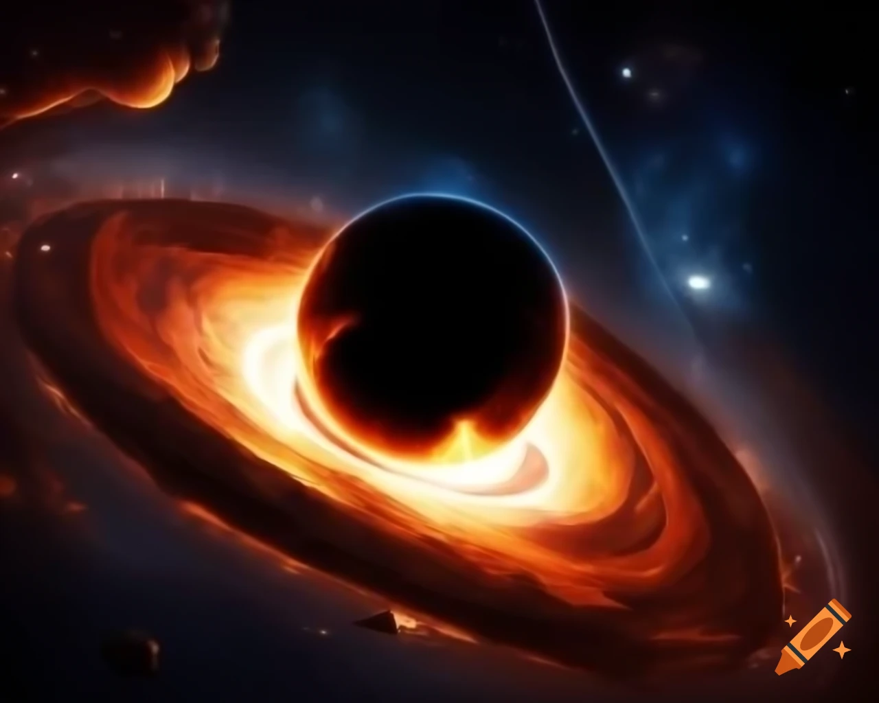 Realistic black hole in star-filled space with artistic lens flare