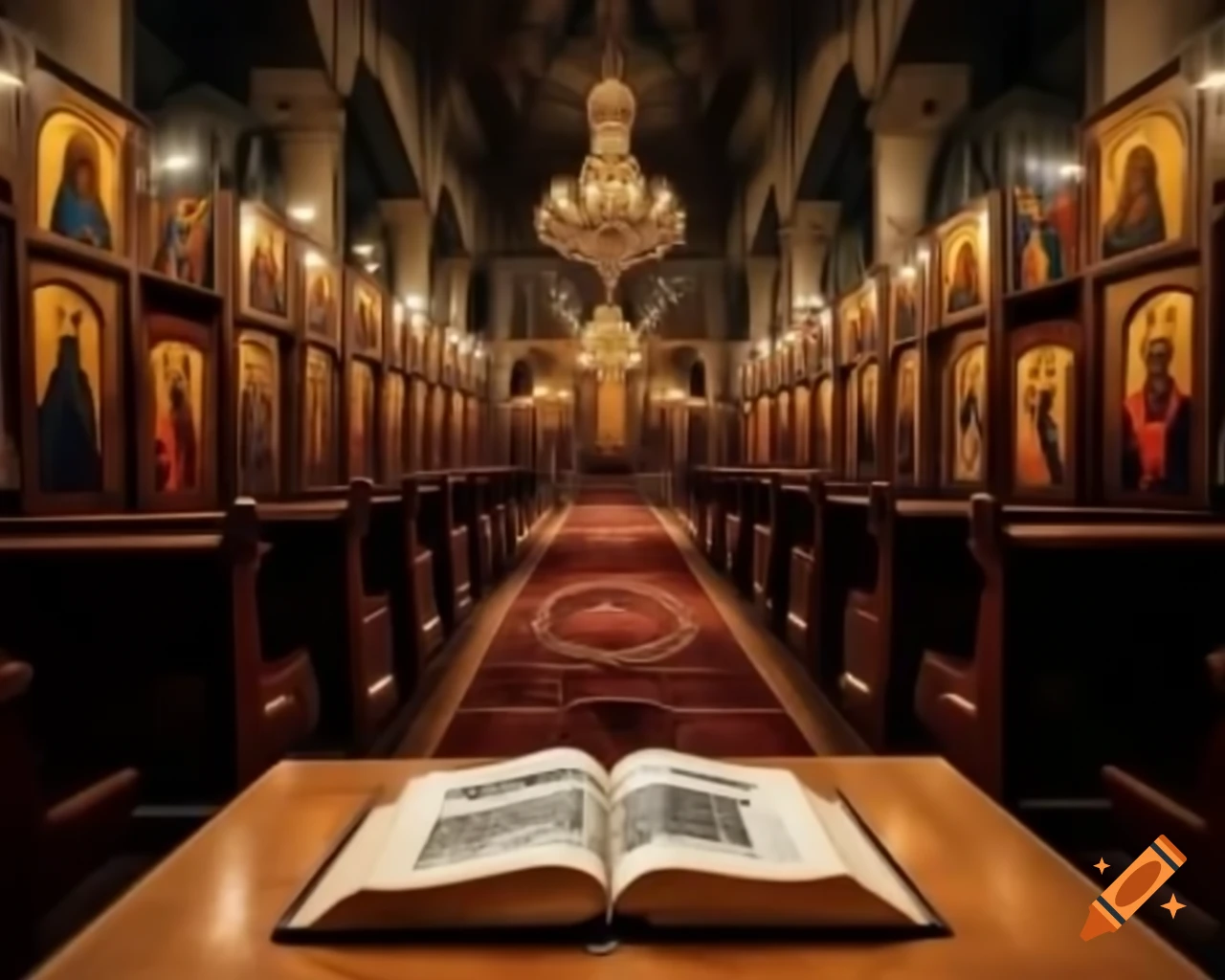 Open book on table in church with illuminated iconostasis