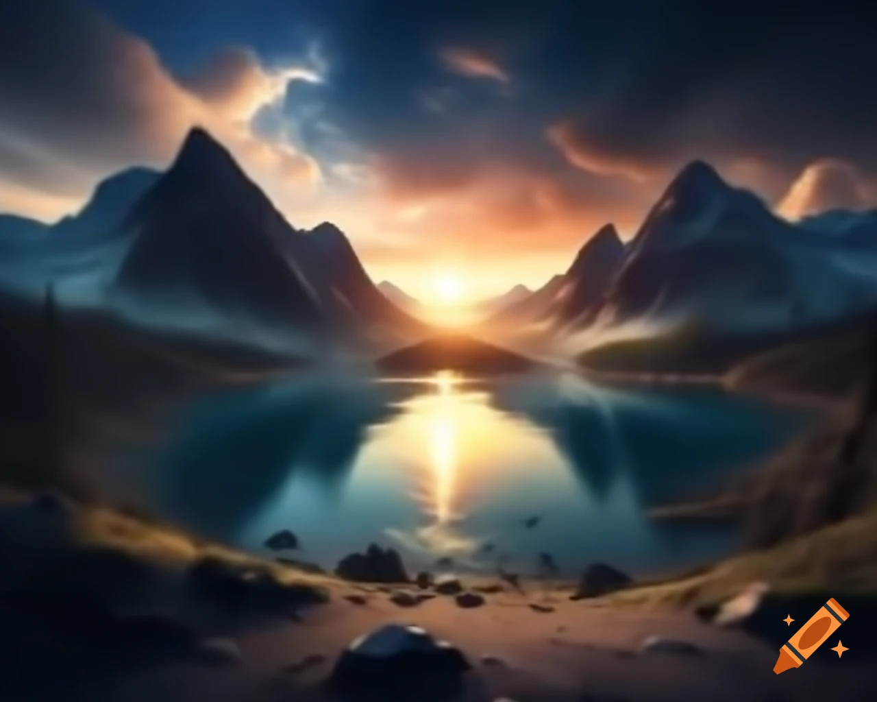 Photorealistic 3D render of a mountain lake at sunset with sun rays and an island