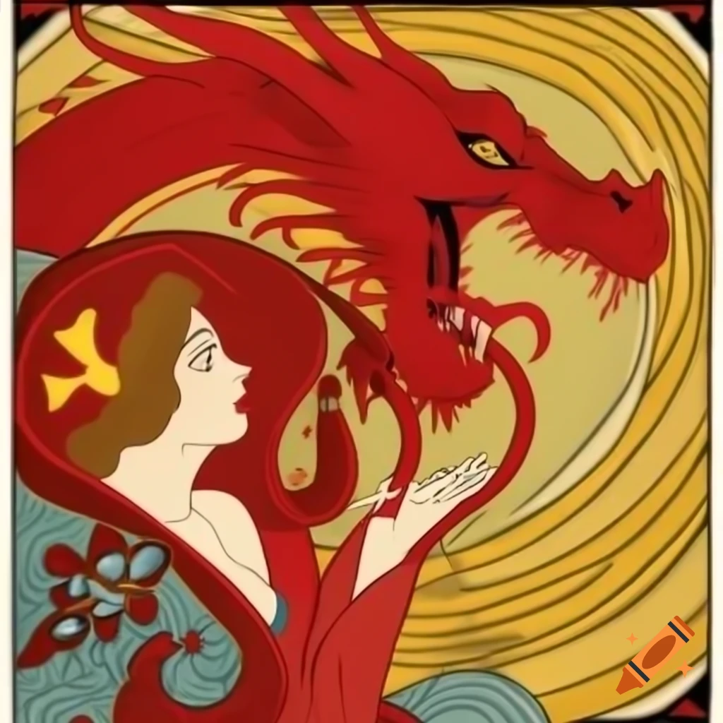 Art nouveau illustration of 'The Great Red Dragon and the Woman Clothed with Sun' with clean bold lines