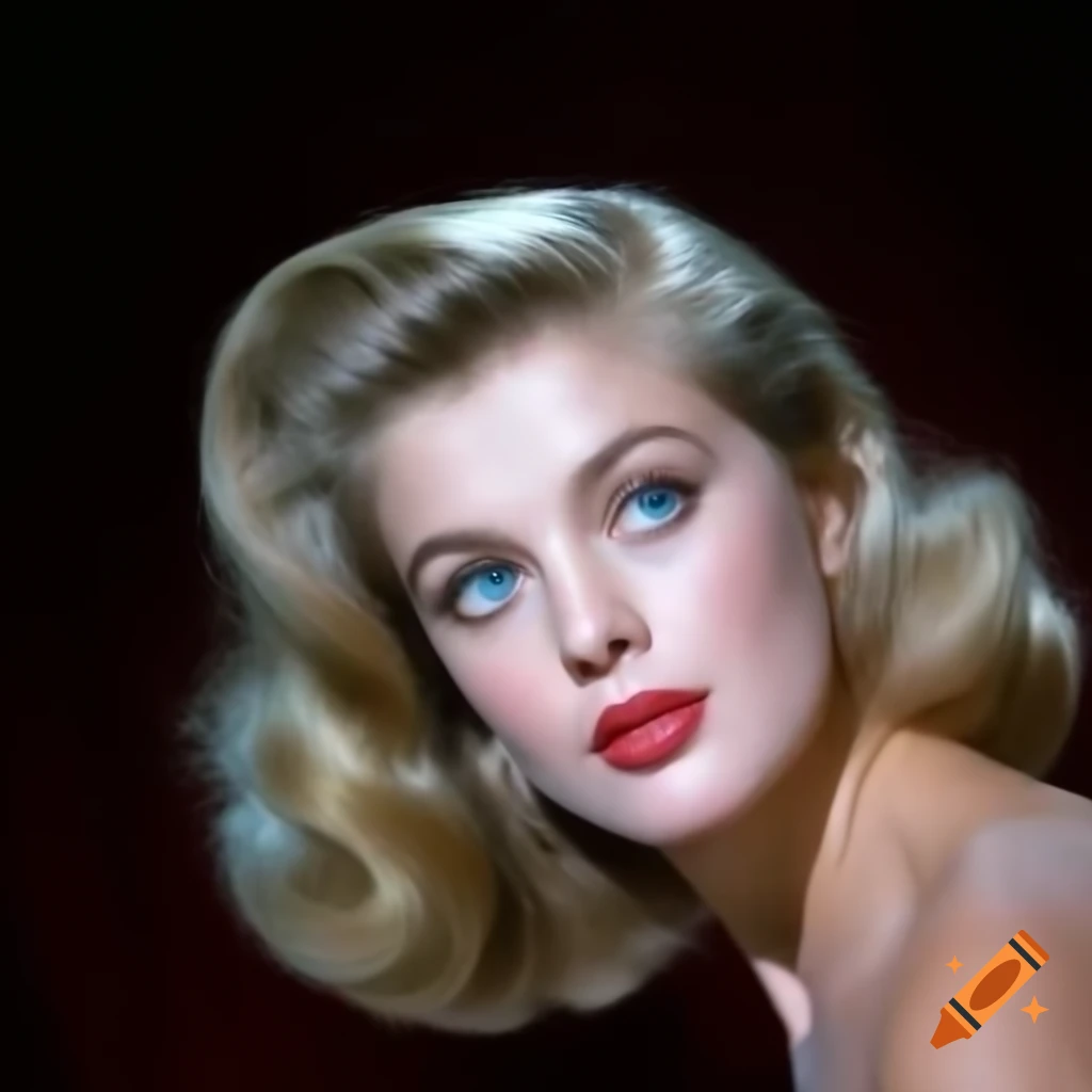 Hyper-realistic color portrait of European actress from 1963 with porcelain skin and blue eyes