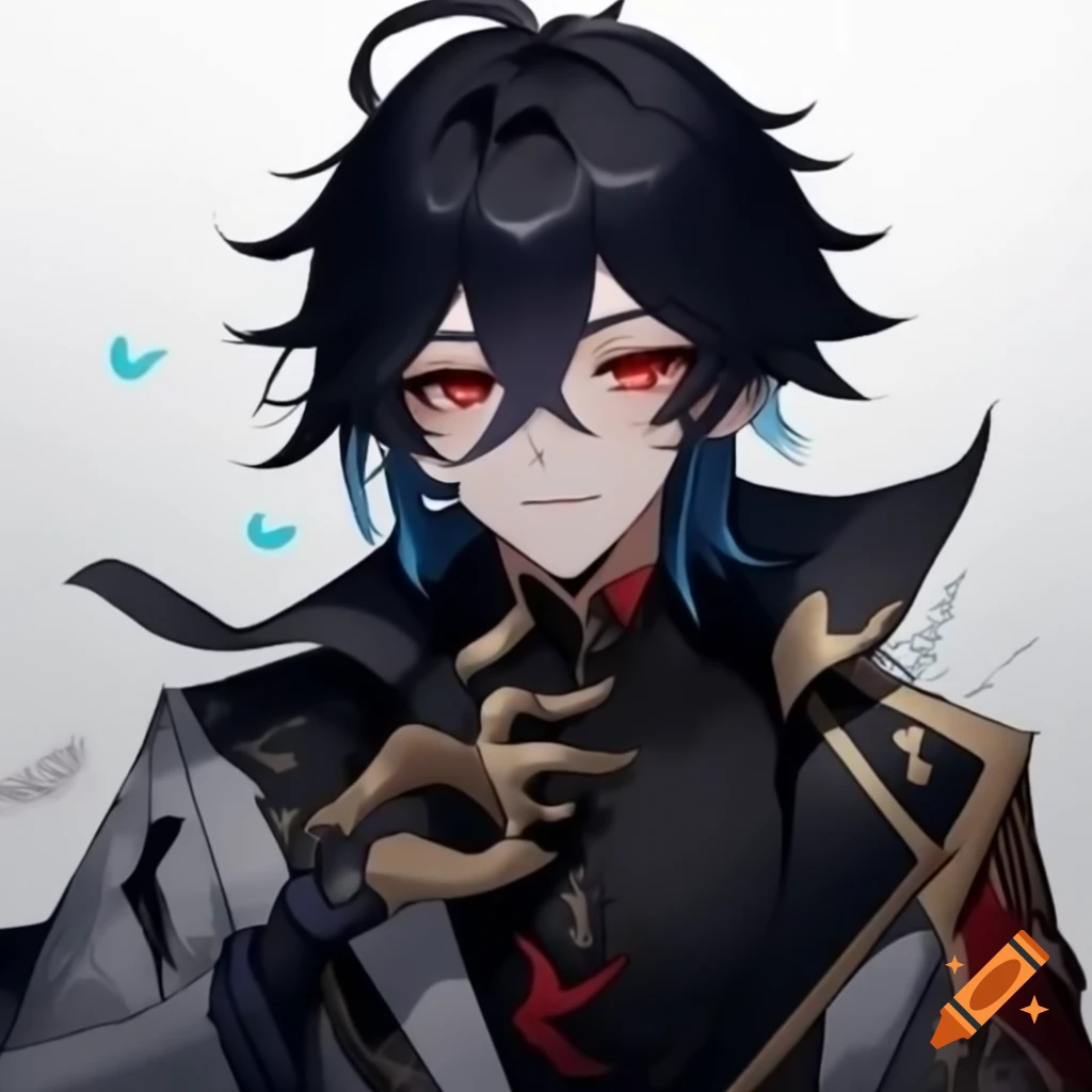 Adoptable anime demon character with long black messy hair in Genshin Impact style
