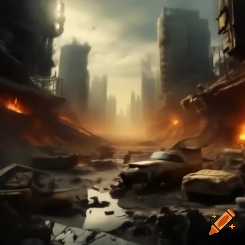 Post-apocalyptic city landscape with ruined buildings