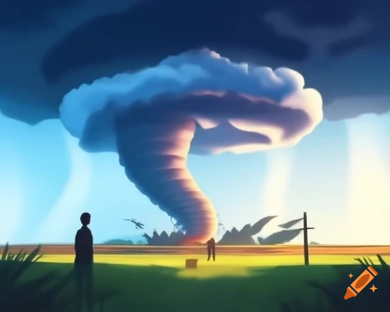 People in a prairie under a cloudy sky escaping from a tornado expressing fear and sadness in realistic illustration