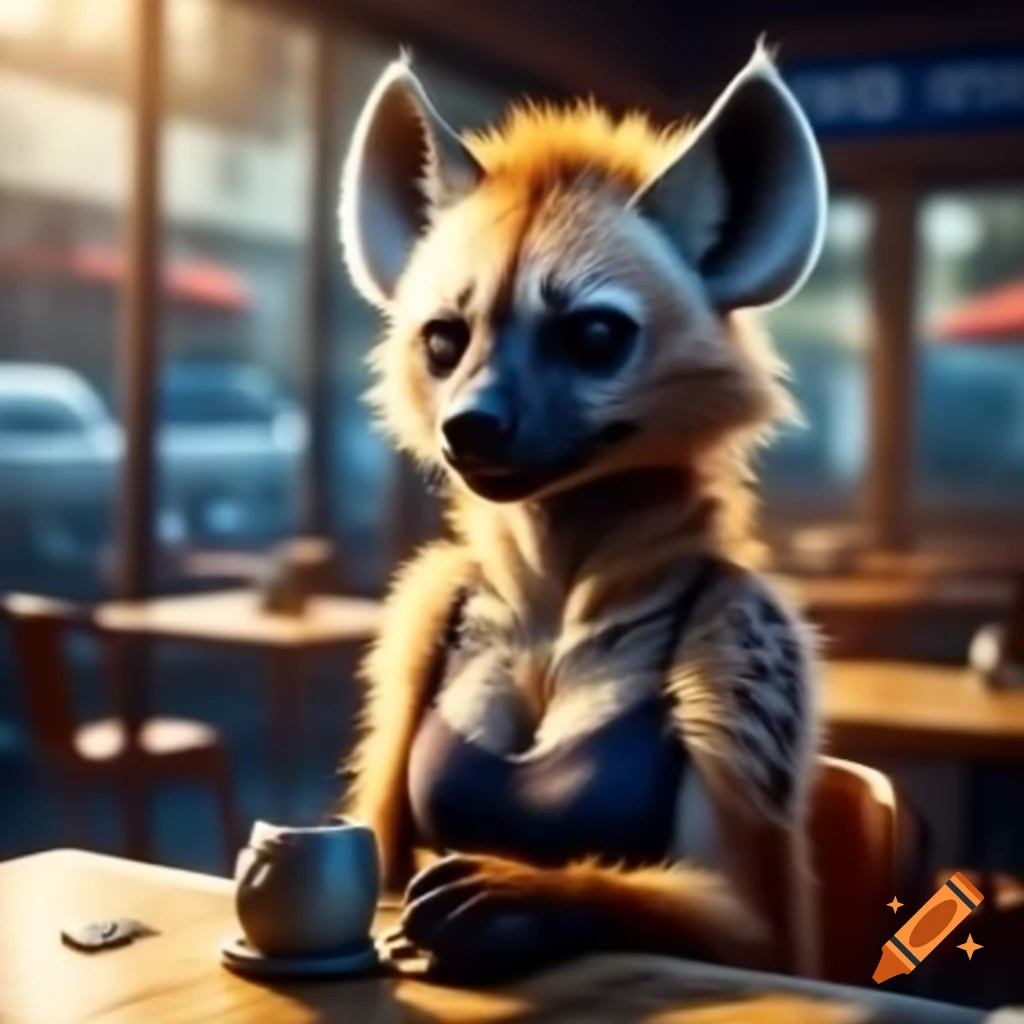 Anthro hyena in casual attire sitting in sunny cafe