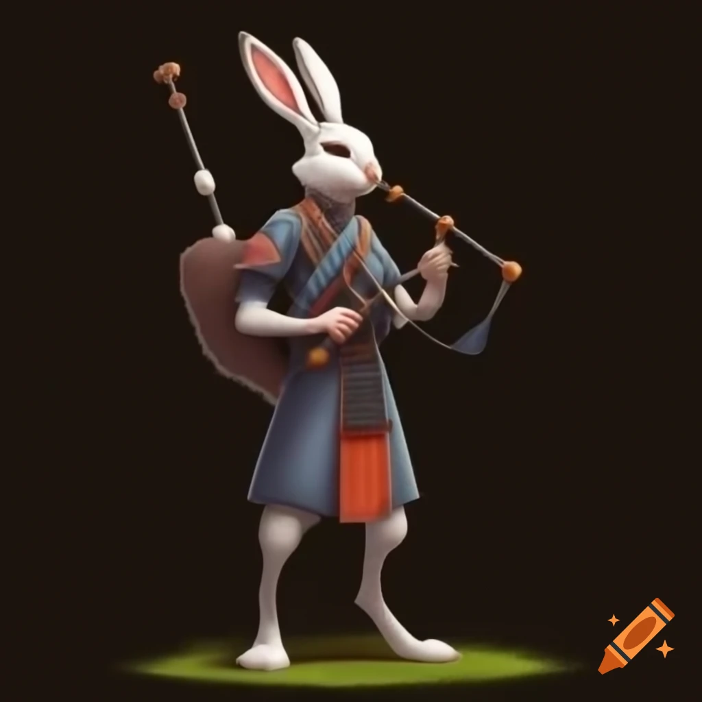 Harengon rabbitfolk playing bagpipes with blank background