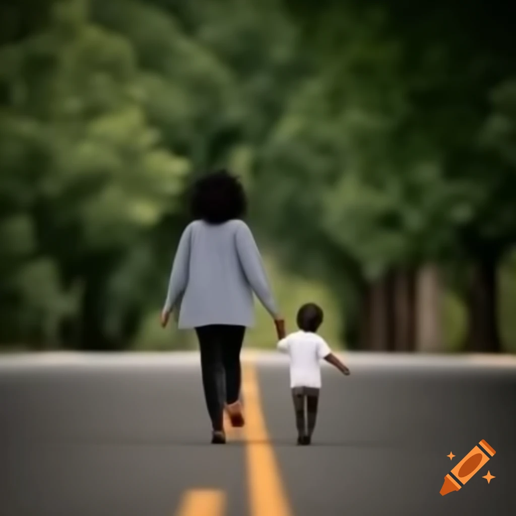 Woman and boy walking on tree-lined road
