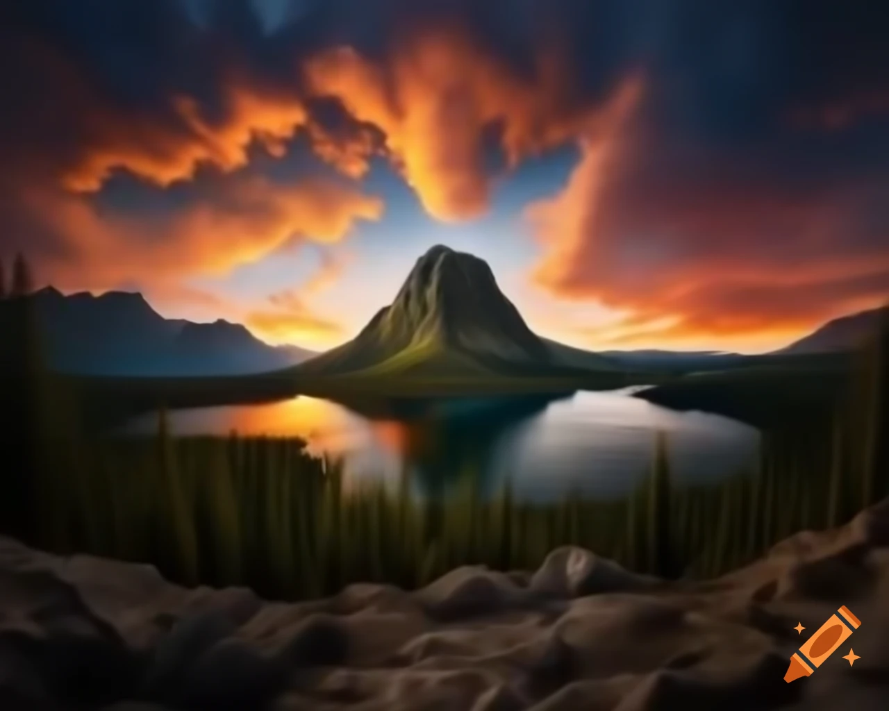 Photorealistic landscape of mountain lake with island and sun rays