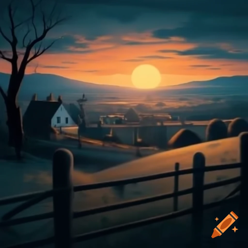 Peaceful village at dawn with rising sun and distant hills, eerie silence