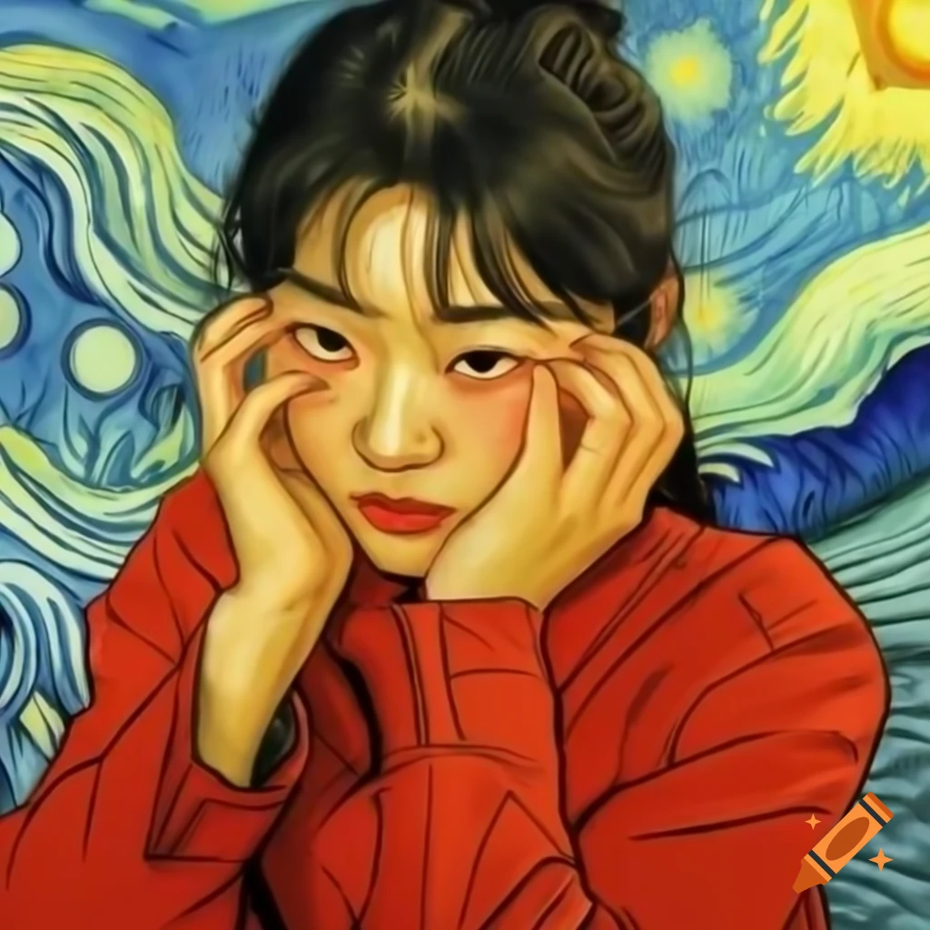 Portrait of Korean woman in red, animated Van Gogh style, hyper-realistic