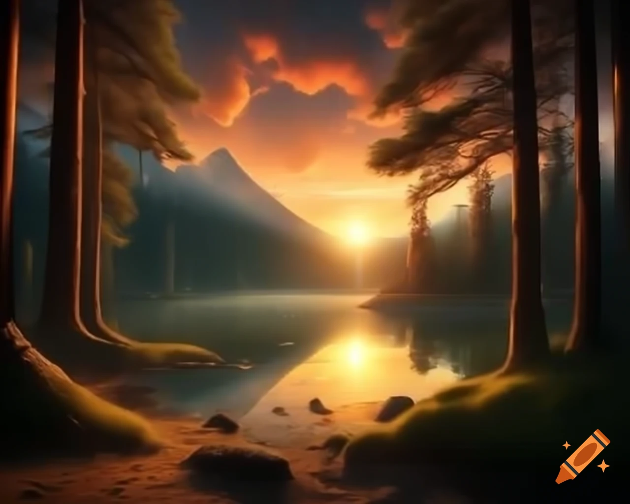 Surreal fantasy scene with orange monster in forest by lake at sunset
