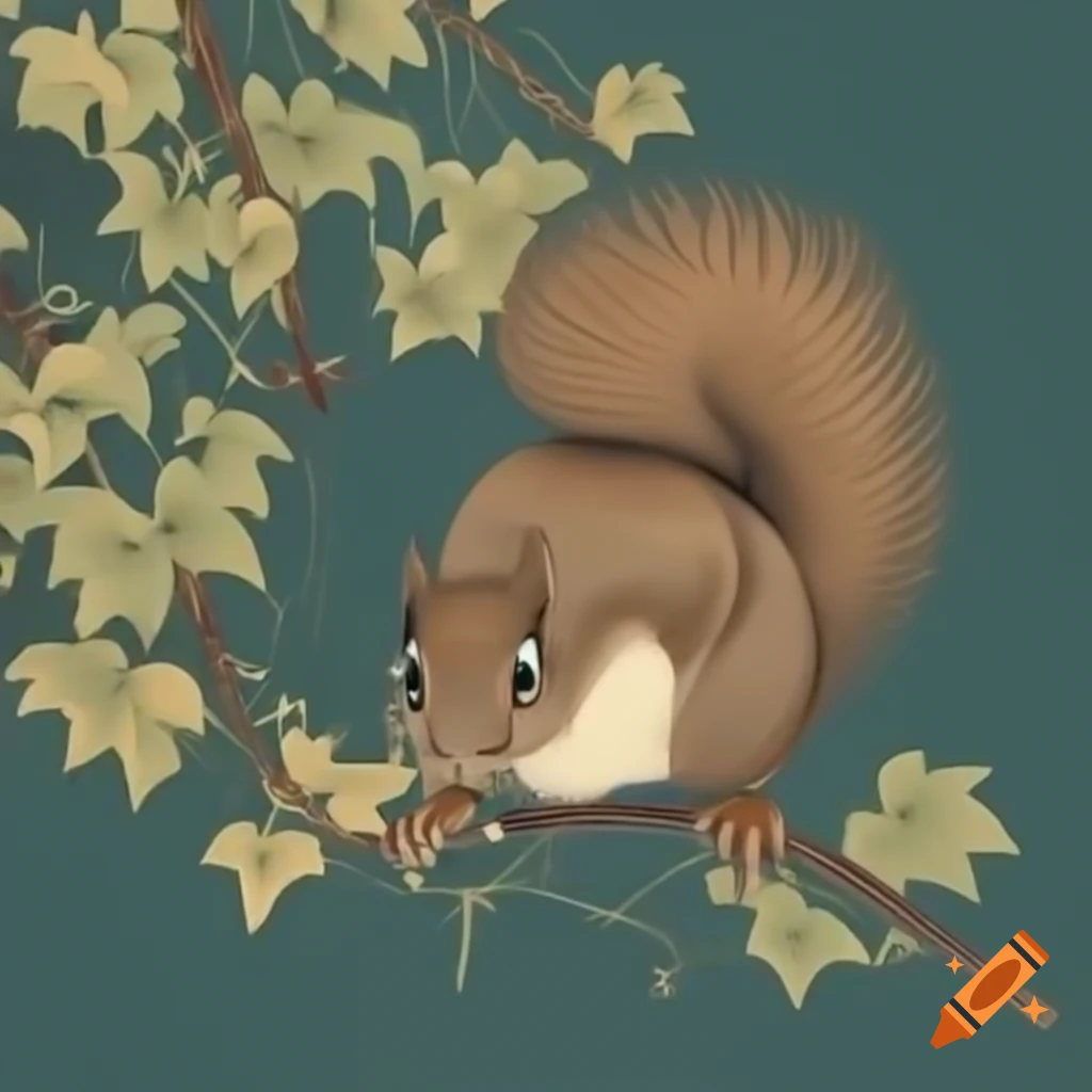 Squirrel among grapevines in traditional Japanese art style