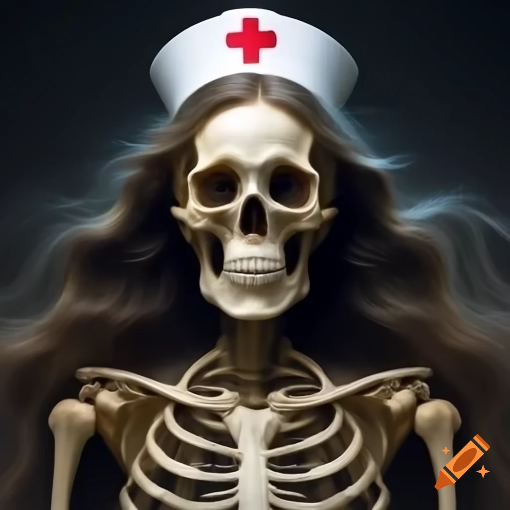 Skeleton nurse with long flowing hair, creative character design