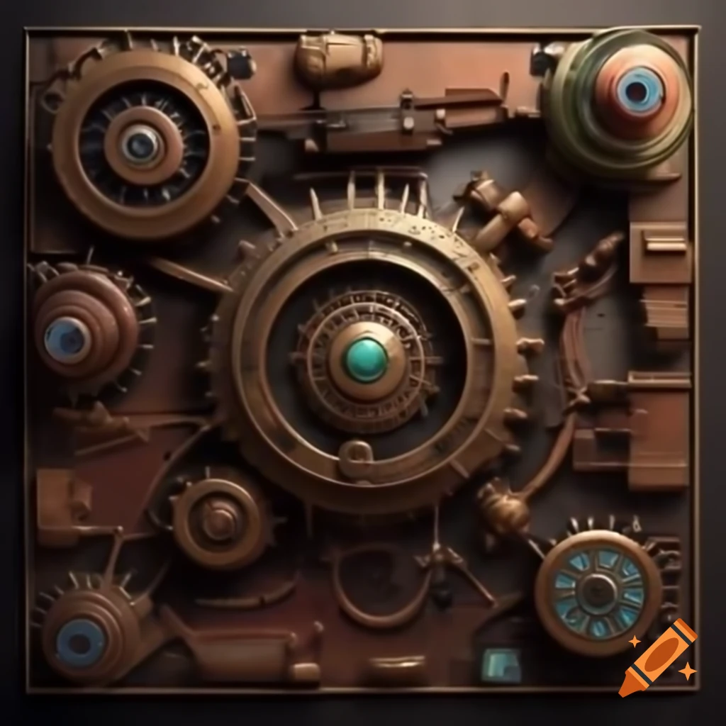 Intricate interior workings of a magical machine with brass, copper, wires, and mystic crystals
