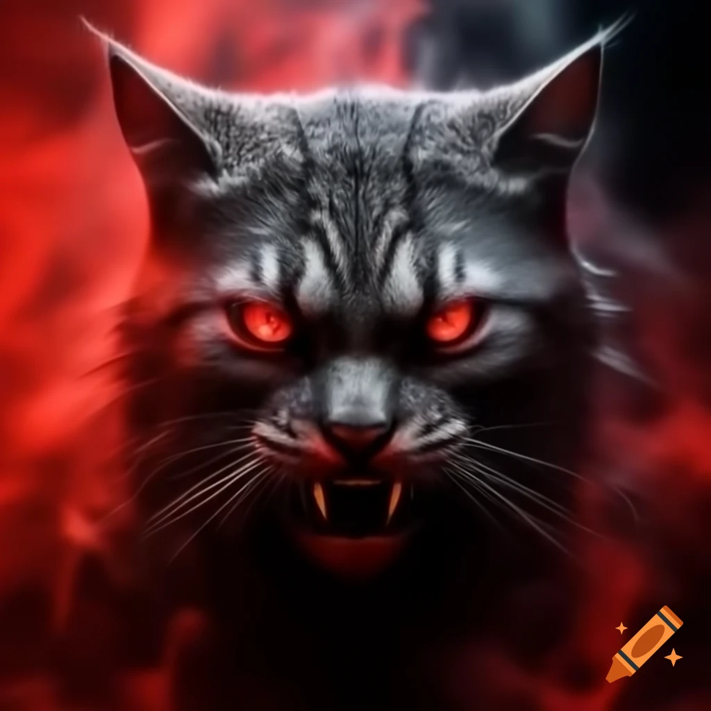 Demonic cat face emerging from red mist